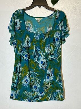 Speechless Teal Peacock Feather Short Sleeve Top